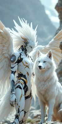 The primary subject of the image is a white and gold robot, which is standing next to a white dog. The robot appears to be a futuristic-looking character, possibly a cyborg or an android. The setting is an outdoor environment, with a rocky surface visible in the background. The visual style of the image is a combination of photo and digital art, creating a unique and intriguing scene. The colors and mood of the image are predominantly white and gold, giving it a clean and elegant appearance.